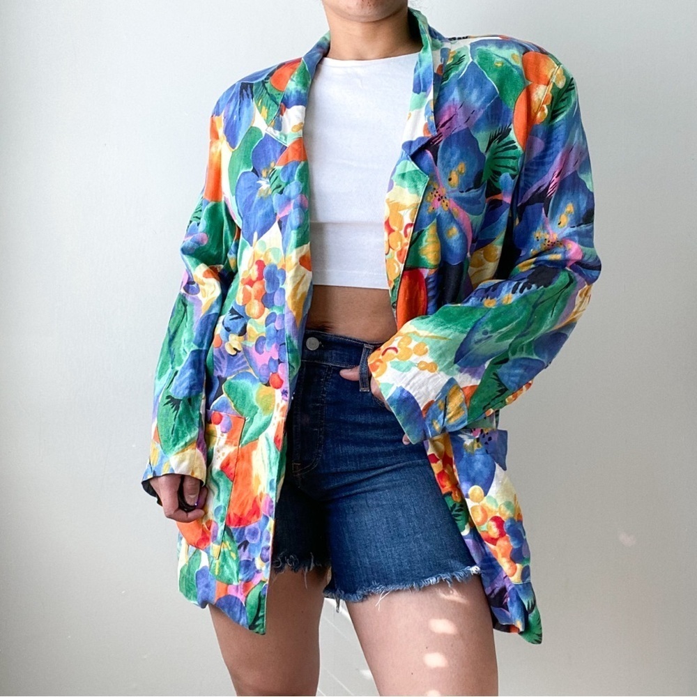 Vintage 90's 100% Linen Tropical Floral Print Blazer